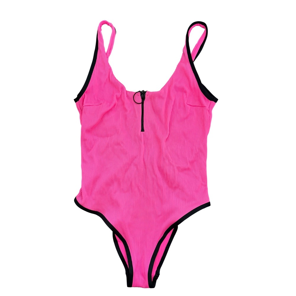 Calzedonia Cobey Neon Pink Ribbed One Piece Swimsuit‎ Half Zip High Cut Beach